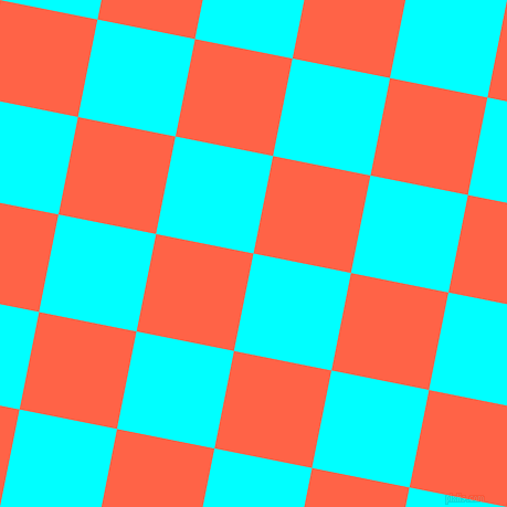 79/169 degree angle diagonal checkered chequered squares checker pattern checkers background, 90 pixel squares size, Aqua and Tomato checkers chequered checkered squares seamless tileable