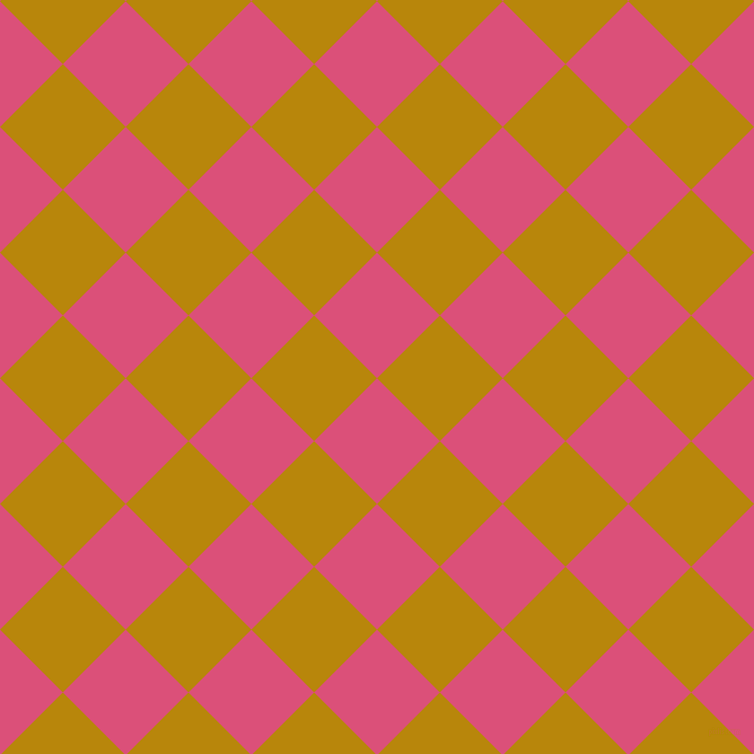 45/135 degree angle diagonal checkered chequered squares checker pattern checkers background, 99 pixel square size, Cranberry and Dark Goldenrod checkers chequered checkered squares seamless tileable