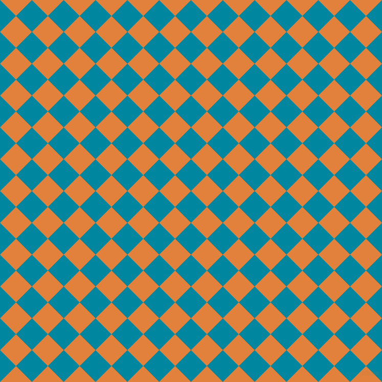 45/135 degree angle diagonal checkered chequered squares checker pattern checkers background, 44 pixel squares size, Eastern Blue and Tree Poppy checkers chequered checkered squares seamless tileable