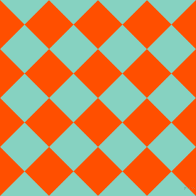 45/135 degree angle diagonal checkered chequered squares checker pattern checkers background, 118 pixel square size, International Orange and Bermuda checkers chequered checkered squares seamless tileable