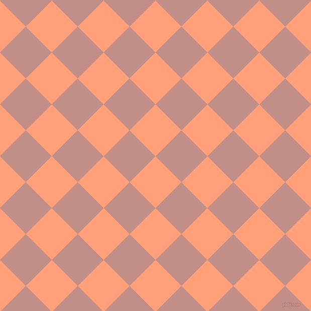 45/135 degree angle diagonal checkered chequered squares checker pattern checkers background, 73 pixel square size, Light Salmon and Oriental Pink checkers chequered checkered squares seamless tileable
