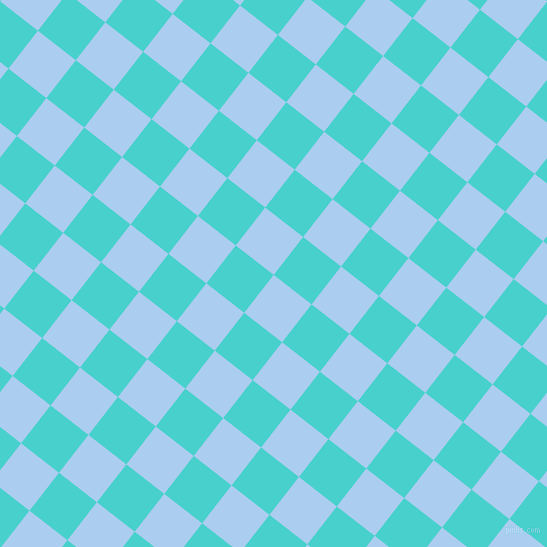 52/142 degree angle diagonal checkered chequered squares checker pattern checkers background, 48 pixel square size, , Pale Cornflower Blue and Medium Turquoise checkers chequered checkered squares seamless tileable