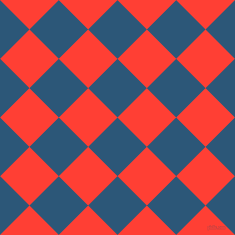 45/135 degree angle diagonal checkered chequered squares checker pattern checkers background, 83 pixel squares size, Venice Blue and Red Orange checkers chequered checkered squares seamless tileable