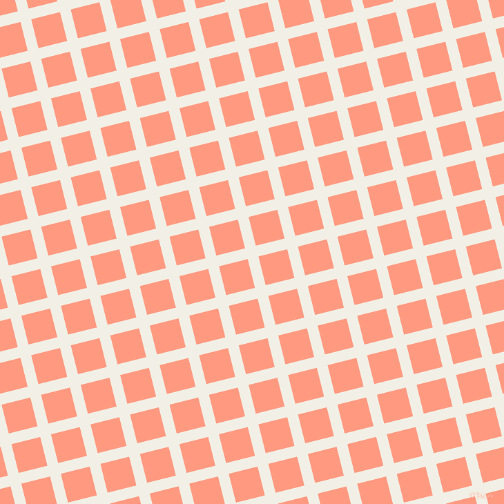 14/104 degree angle diagonal checkered chequered lines, 16 pixel line width, 43 pixel square size, Alabaster and Vivid Tangerine plaid checkered seamless tileable