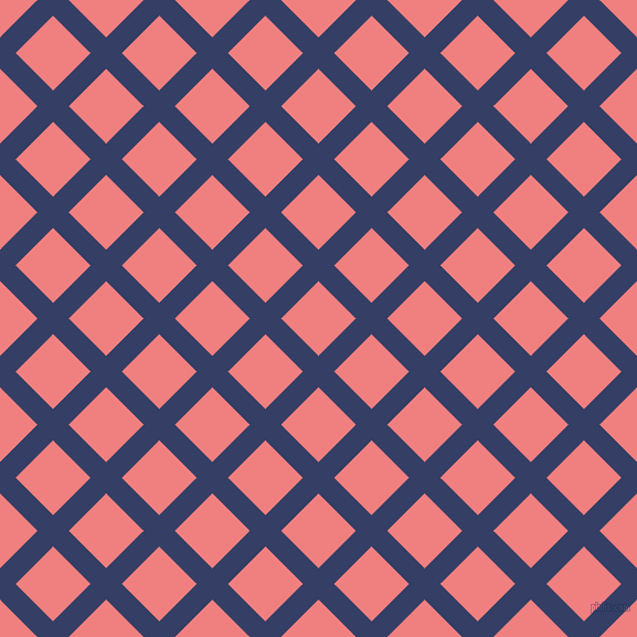 45/135 degree angle diagonal checkered chequered lines, 20 pixel line width, 48 pixel square size, Bay Of Many and Light Coral plaid checkered seamless tileable