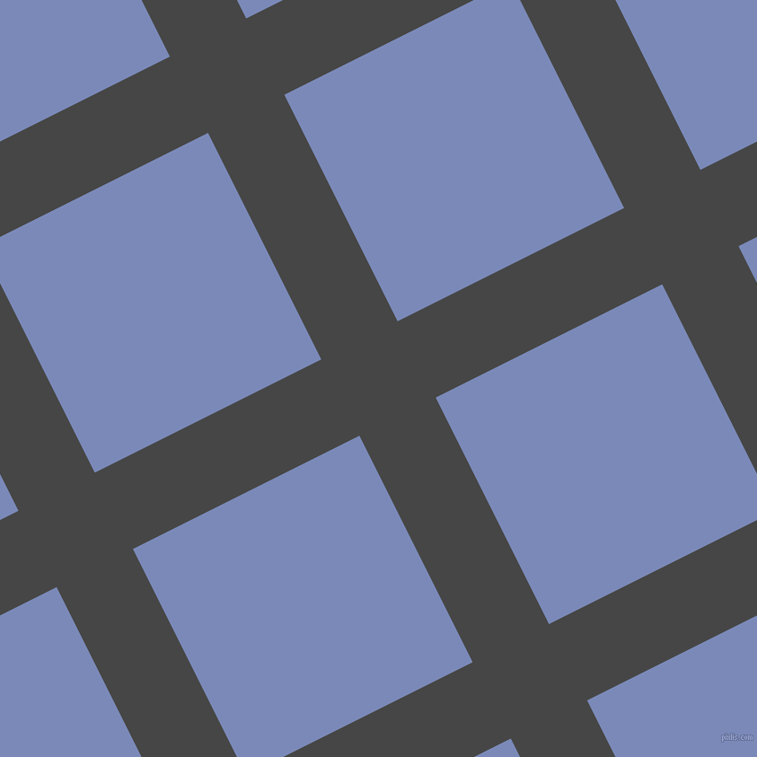 27/117 degree angle diagonal checkered chequered lines, 95 pixel lines width, 282 pixel square size, Charcoal and Wild Blue Yonder plaid checkered seamless tileable