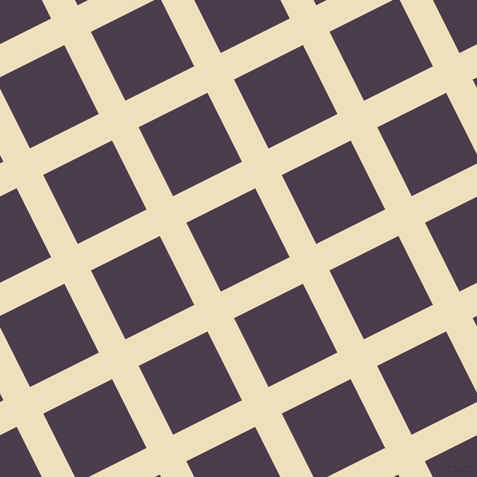 27/117 degree angle diagonal checkered chequered lines, 42 pixel line width, 109 pixel square size, Dutch White and Bossanova plaid checkered seamless tileable
