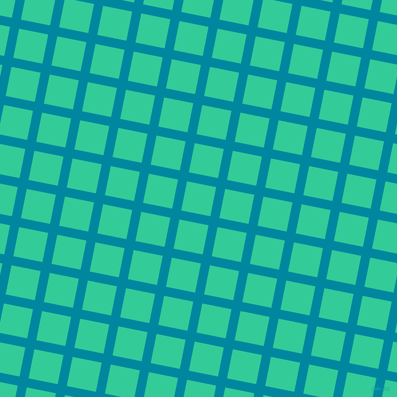79/169 degree angle diagonal checkered chequered lines, 19 pixel lines width, 61 pixel square size, Eastern Blue and Shamrock plaid checkered seamless tileable