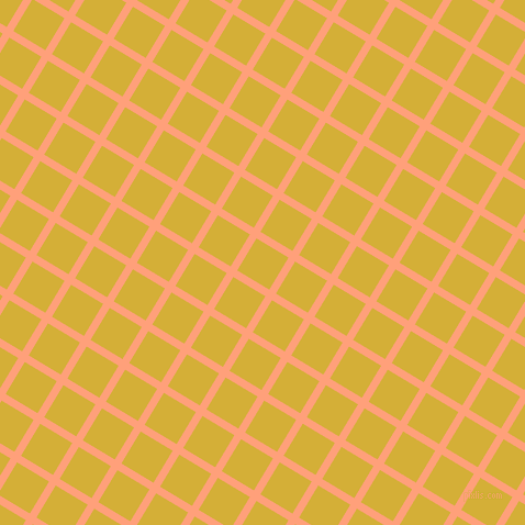 59/149 degree angle diagonal checkered chequered lines, 7 pixel line width, 34 pixel square size, Light Salmon and Metallic Gold plaid checkered seamless tileable
