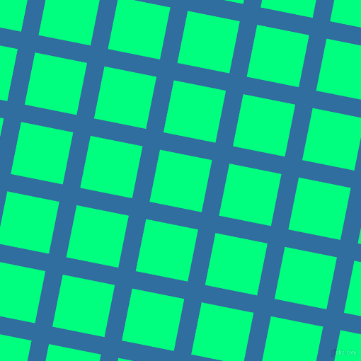 79/169 degree angle diagonal checkered chequered lines, 25 pixel line width, 75 pixel square size, Lochmara and Spring Green plaid checkered seamless tileable