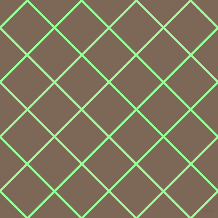45/135 degree angle diagonal checkered chequered lines, 7 pixel line width, 118 pixel square size, Mint Green and Roman Coffee plaid checkered seamless tileable