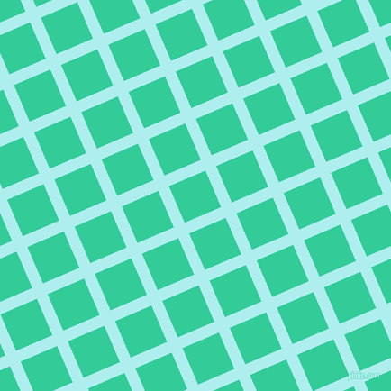 23/113 degree angle diagonal checkered chequered lines, 13 pixel line width, 44 pixel square size, Pale Turquoise and Shamrock plaid checkered seamless tileable