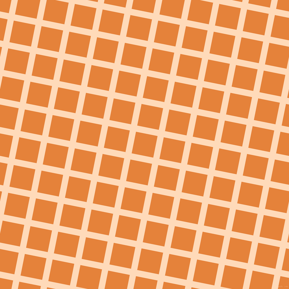 79/169 degree angle diagonal checkered chequered lines, 22 pixel lines width, 77 pixel square size, Peach Puff and West Side plaid checkered seamless tileable