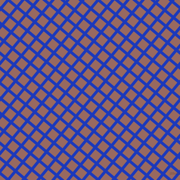 50/140 degree angle diagonal checkered chequered lines, 11 pixel lines width, 33 pixel square size, Persian Blue and Dark Chestnut plaid checkered seamless tileable