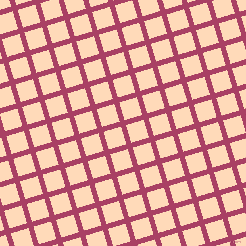 17/107 degree angle diagonal checkered chequered lines, 18 pixel lines width, 64 pixel square size, Rouge and Peach Puff plaid checkered seamless tileable