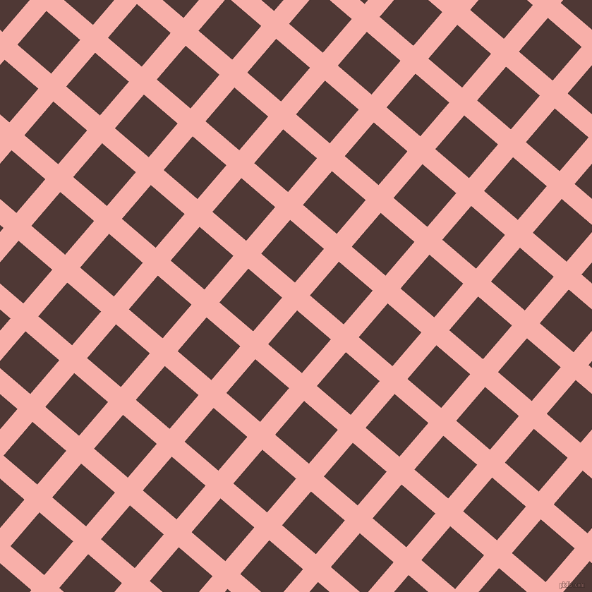49/139 degree angle diagonal checkered chequered lines, 28 pixel line width, 63 pixel square size, Sundown and Cocoa Bean plaid checkered seamless tileable