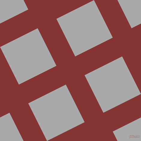 27/117 degree angle diagonal checkered chequered lines, 70 pixel line width, 140 pixel square size, Tall Poppy and Dark Gray plaid checkered seamless tileable