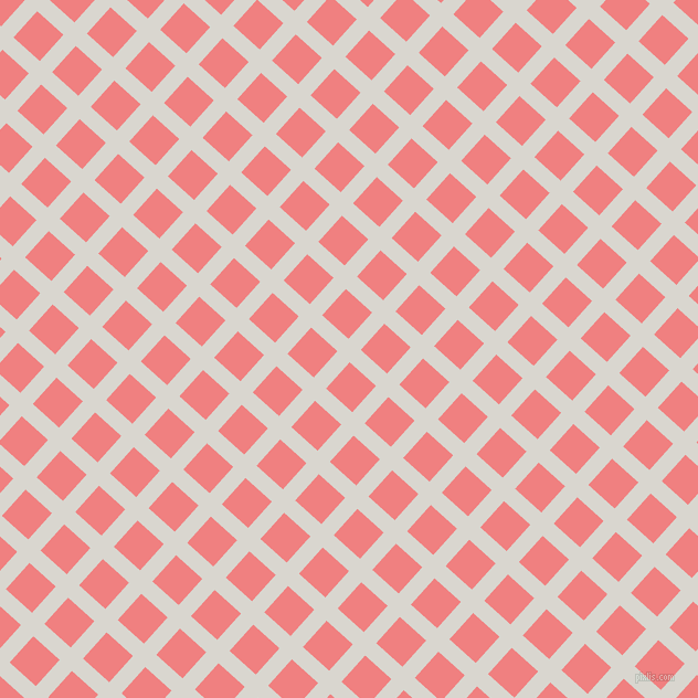 48/138 degree angle diagonal checkered chequered lines, 15 pixel lines width, 32 pixel square size, Timberwolf and Light Coral plaid checkered seamless tileable