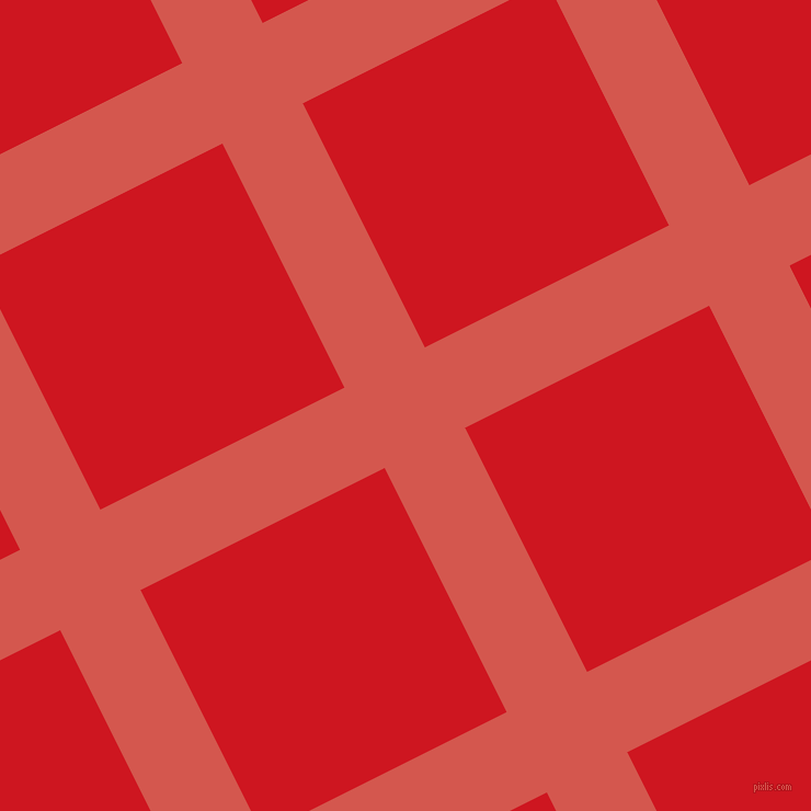 27/117 degree angle diagonal checkered chequered lines, 82 pixel lines width, 249 pixel square size, Valencia and Fire Engine Red plaid checkered seamless tileable