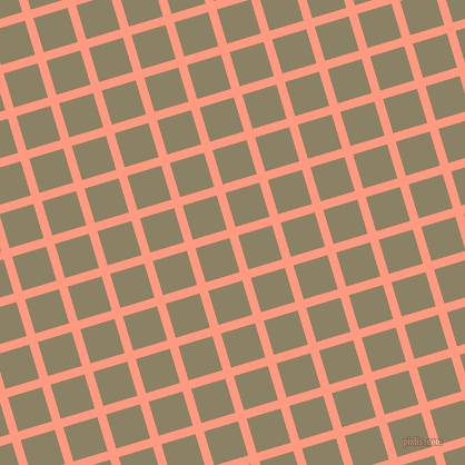17/107 degree angle diagonal checkered chequered lines, 8 pixel lines width, 32 pixel square size, Vivid Tangerine and Granite Green plaid checkered seamless tileable
