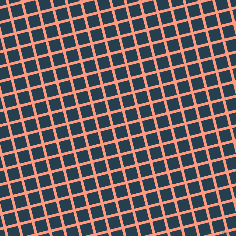 14/104 degree angle diagonal checkered chequered lines, 9 pixel line width, 38 pixel square size, Vivid Tangerine and Nile Blue plaid checkered seamless tileable