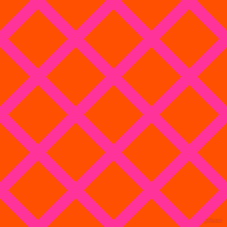 45/135 degree angle diagonal checkered chequered lines, 23 pixel lines width, 85 pixel square size, Wild Strawberry and International Orange plaid checkered seamless tileable