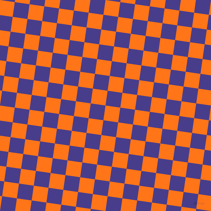 82/172 degree angle diagonal checkered chequered squares checker pattern checkers background, 49 pixel squares size, , Pumpkin and Dark Slate Blue checkers chequered checkered squares seamless tileable