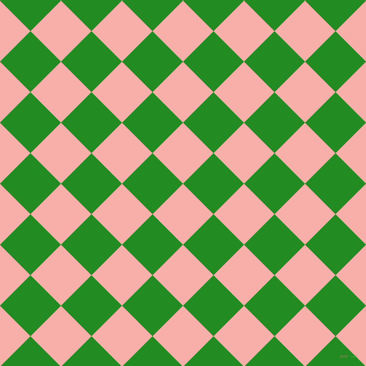 45/135 degree angle diagonal checkered chequered squares checker pattern checkers background, 89 pixel squares size, , Sundown and Forest Green checkers chequered checkered squares seamless tileable