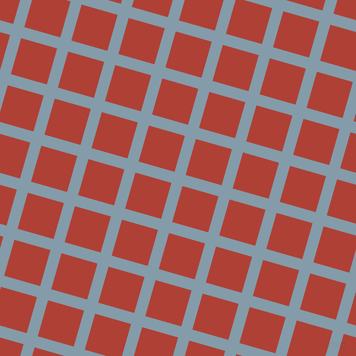 74/164 degree angle diagonal checkered chequered lines, 23 pixel line width, 75 pixel square size, Bali Hai and Medium Carmine plaid checkered seamless tileable