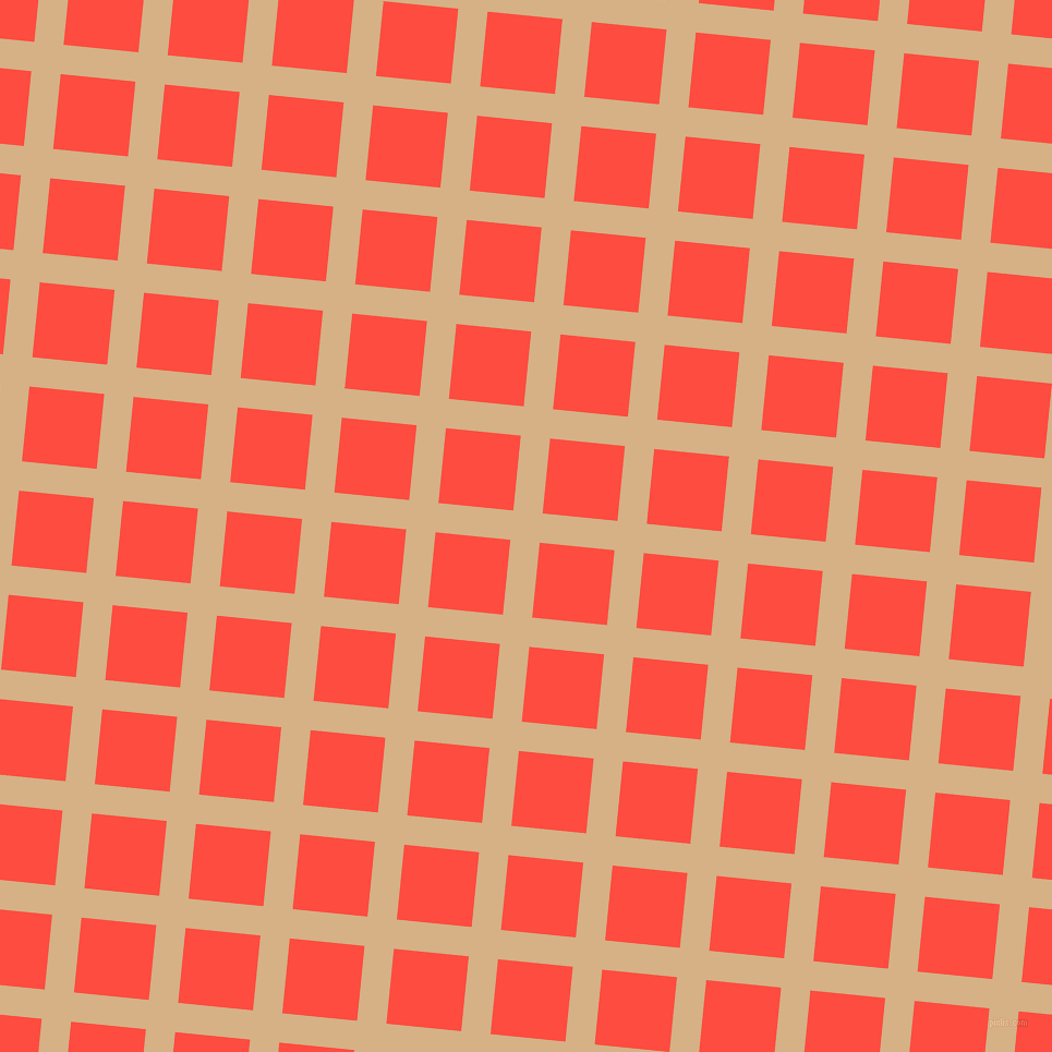 84/174 degree angle diagonal checkered chequered lines, 27 pixel line width, 69 pixel square size, Calico and Sunset Orange plaid checkered seamless tileable