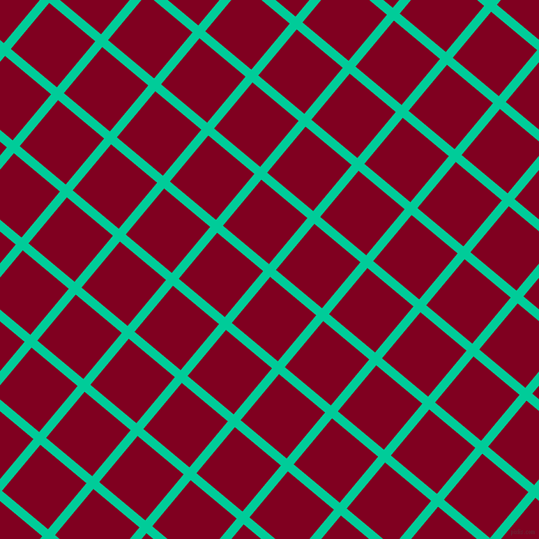 50/140 degree angle diagonal checkered chequered lines, 13 pixel lines width, 86 pixel square size, Caribbean Green and Burgundy plaid checkered seamless tileable