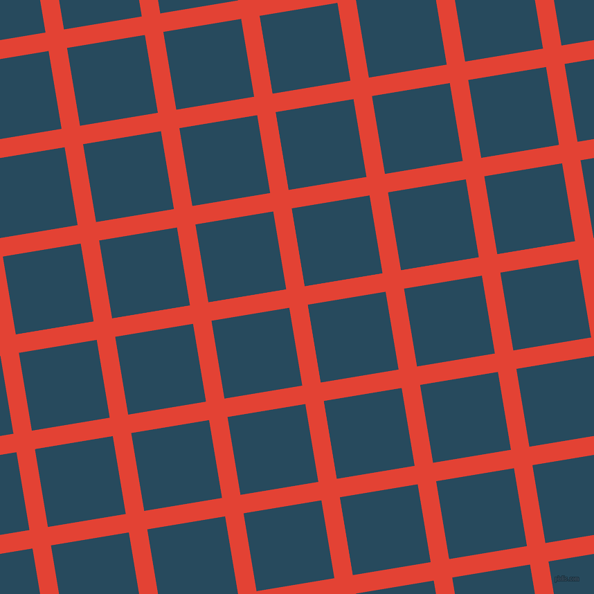 9/99 degree angle diagonal checkered chequered lines, 27 pixel line width, 114 pixel square size, Cinnabar and Arapawa plaid checkered seamless tileable