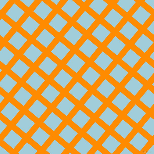 50/140 degree angle diagonal checkered chequered lines, 24 pixel lines width, 54 pixel square size, Dark Orange and Regent St Blue plaid checkered seamless tileable