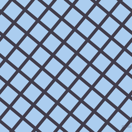 50/140 degree angle diagonal checkered chequered lines, 12 pixel line width, 52 pixel square size, Grape and Pale Cornflower Blue plaid checkered seamless tileable