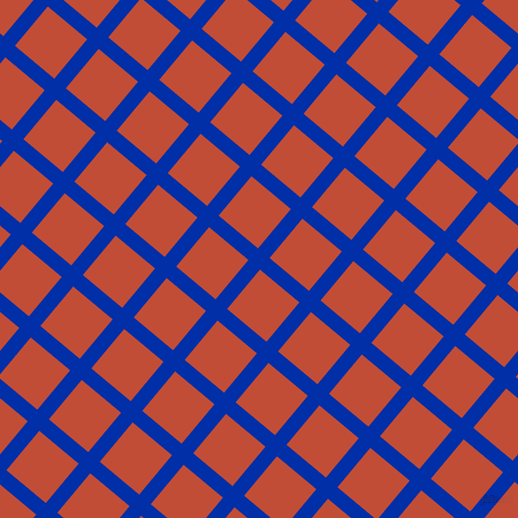 50/140 degree angle diagonal checkered chequered lines, 17 pixel line width, 58 pixel square size, International Klein Blue and Grenadier plaid checkered seamless tileable