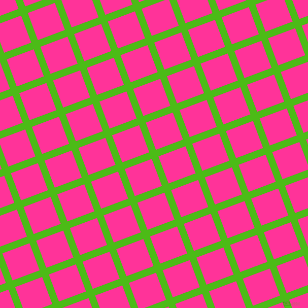 21/111 degree angle diagonal checkered chequered lines, 14 pixel line width, 57 pixel square size, Kelly Green and Wild Strawberry plaid checkered seamless tileable