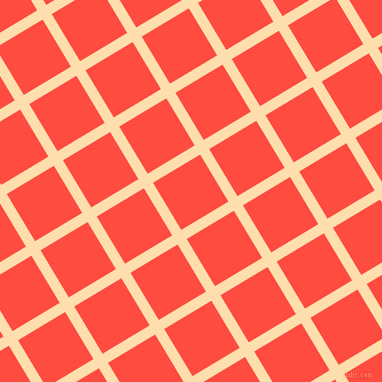 31/121 degree angle diagonal checkered chequered lines, 12 pixel line width, 62 pixel square size, Navajo White and Sunset Orange plaid checkered seamless tileable