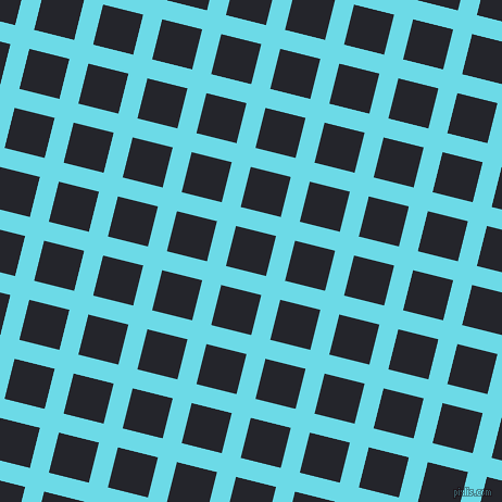 76/166 degree angle diagonal checkered chequered lines, 18 pixel line width, 38 pixel square size, Turquoise Blue and Black Russian plaid checkered seamless tileable