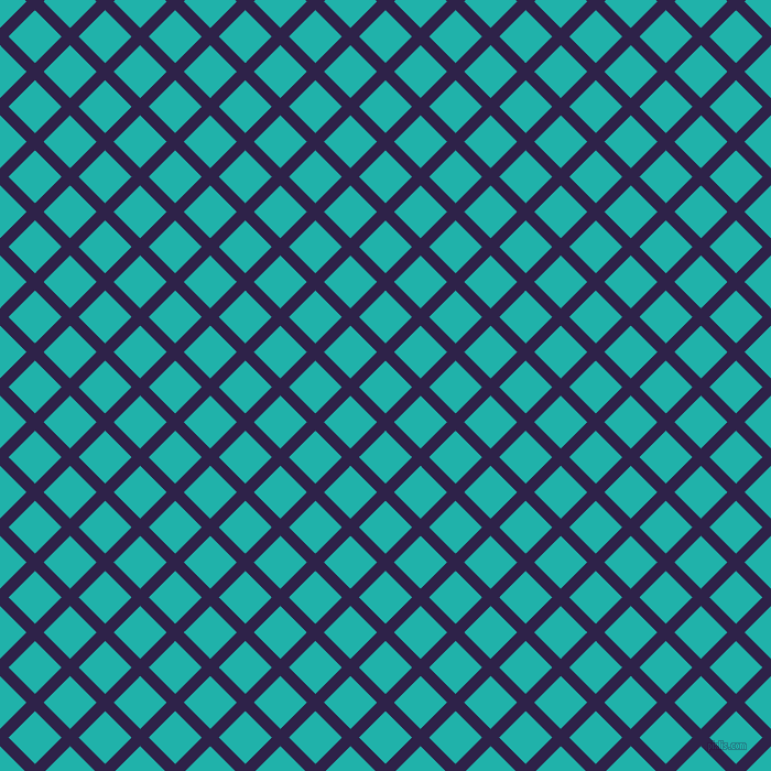 45/135 degree angle diagonal checkered chequered lines, 11 pixel line width, 34 pixel square size, Violent Violet and Light Sea Green plaid checkered seamless tileable