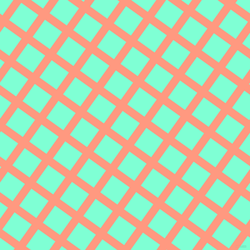 54/144 degree angle diagonal checkered chequered lines, 26 pixel line width, 69 pixel square size, Vivid Tangerine and Aquamarine plaid checkered seamless tileable